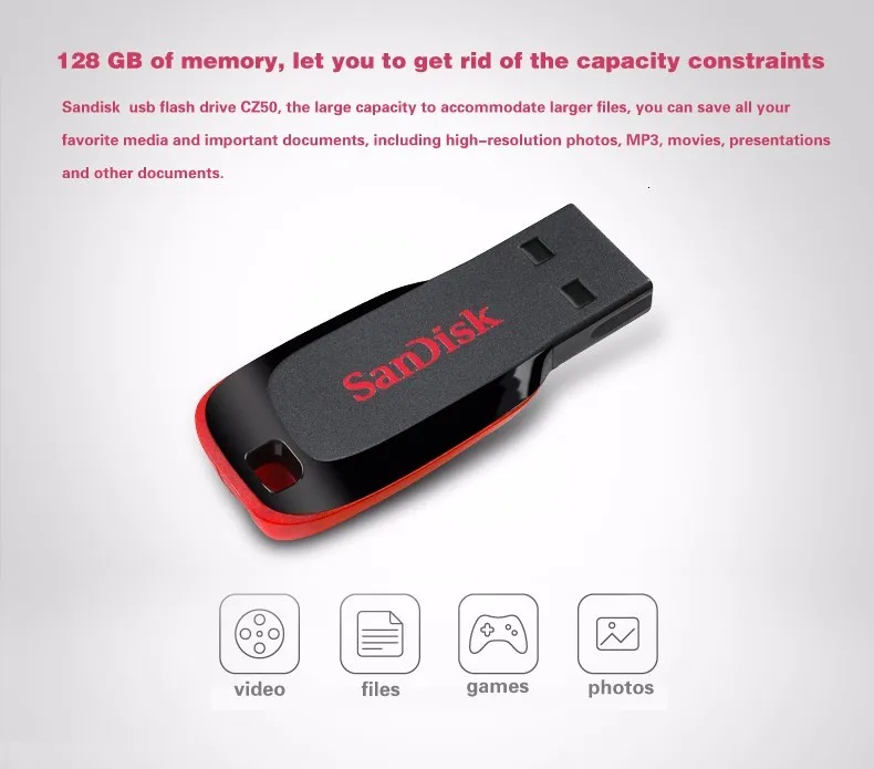 SanDisk Cruzer Blade CZ50 флеш-диск USB 2,0 128 Гб 64 Гб 32 г 16 ГБ флеш-накопители поддержка официальной проверки