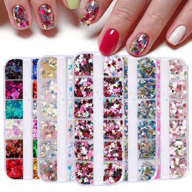 

Holographic Nail Glitter Flakes Sequin 12pcs in 1 Rose Gold Silver Colorful DIY Butterfly Dipping Flake for Acrylic Nails Tools