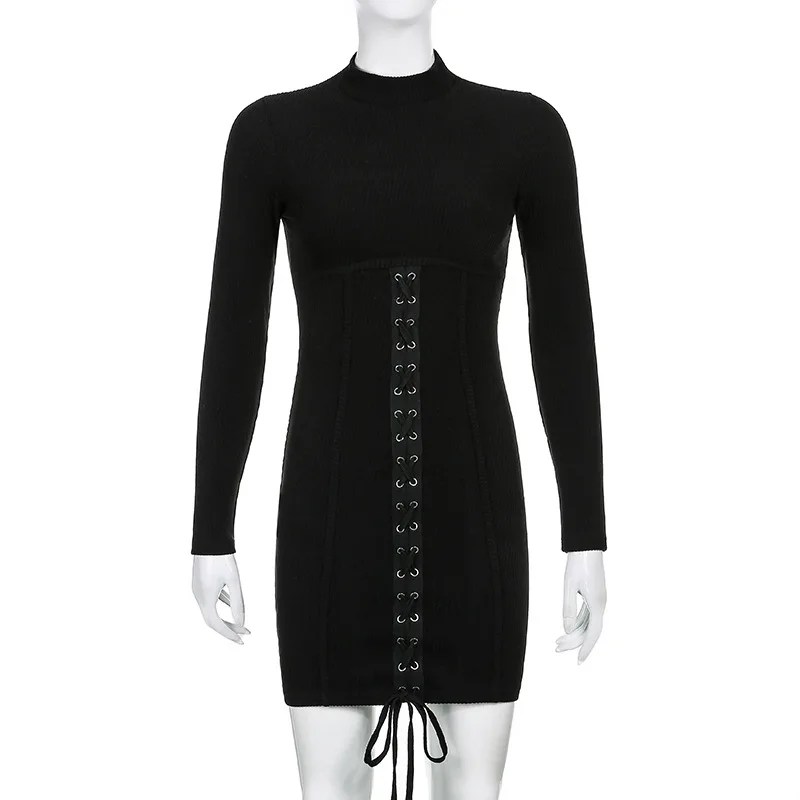 

MWYOOC Black Knitted Drawstring Sexy Bandage Dresses Long Sleeve High Waist Autumn Winter Women Mini Bodycon Party Dress