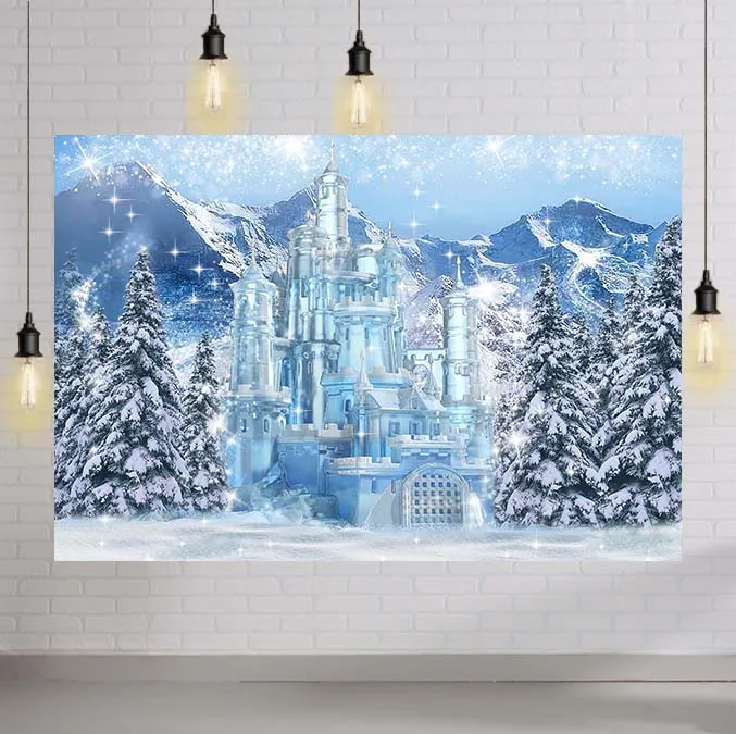 

Winter Castle Photography Backdrop Blue Ice Frozen Forest Wonderland Background Snow Mountian Pine Tree Baby Shower Kid Birthday