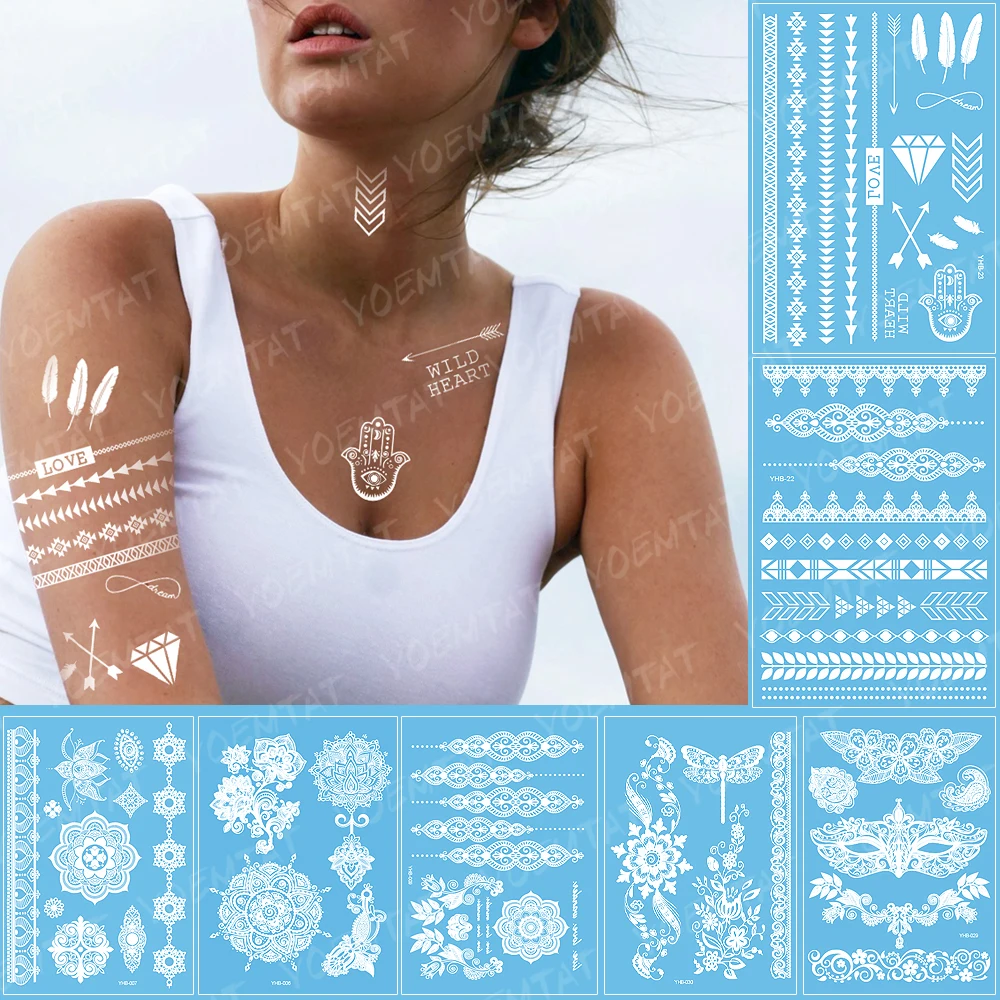 

Waterproof Temporary Tattoo Sticker Bracelet Hand of Fatima Arrow Diamond Feather Flash Tatoo White Henna Body Art Fake Tatto