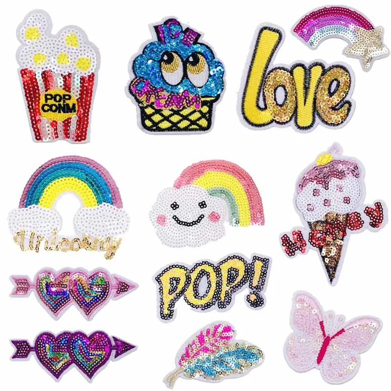 

Rainbow Sequin Embroidery Cloth Sticker Popcorn Ice Cream Cartoon Chapter Sequin Embroidery Patch Stickers