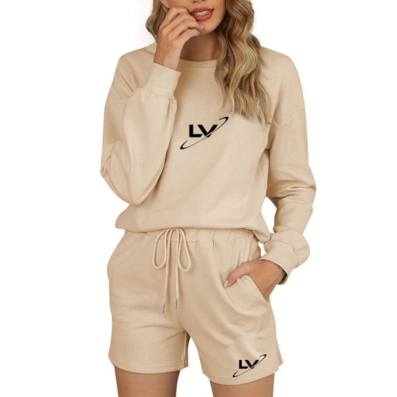 

Spring 2021 Women's Sportsuit Two Piece Comfortable Long Sleeve Shorts Solid Color Fashion Alphabet Print