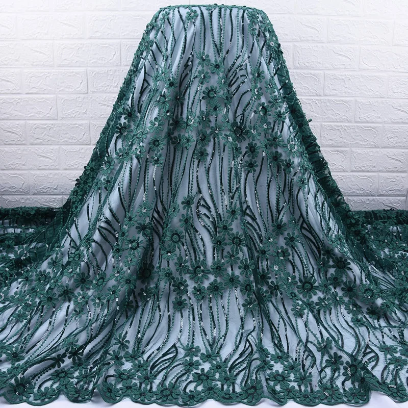 

Green African Sequins Lace Fabric Latest French Embroidery Sequins Tulle Fabric African Lace Fabric For Wedding Dress Party
