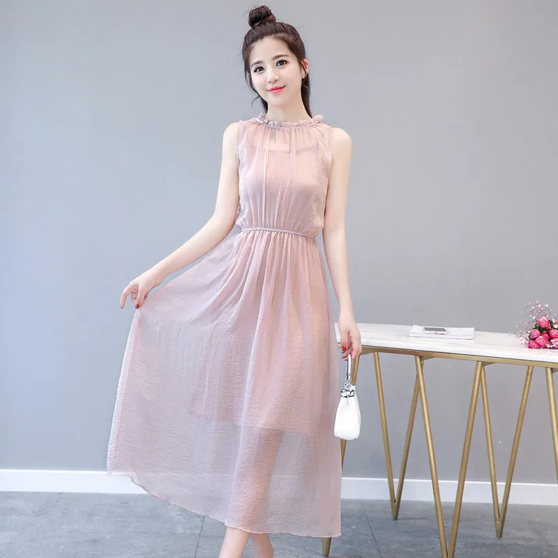 

Pink sleeveless Chiffon Dress Medium Length 2021 summer new women's dress Korean fashion slim skirt long skirt