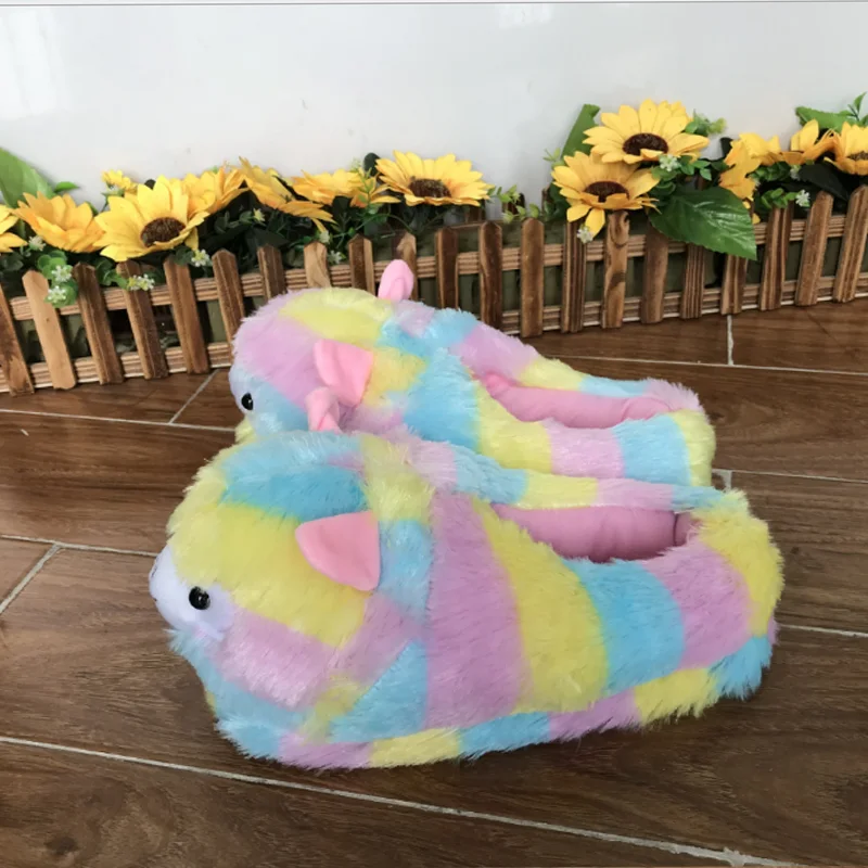 Cute fashion winter cute rainbow colorful alpaca women indoor slipper