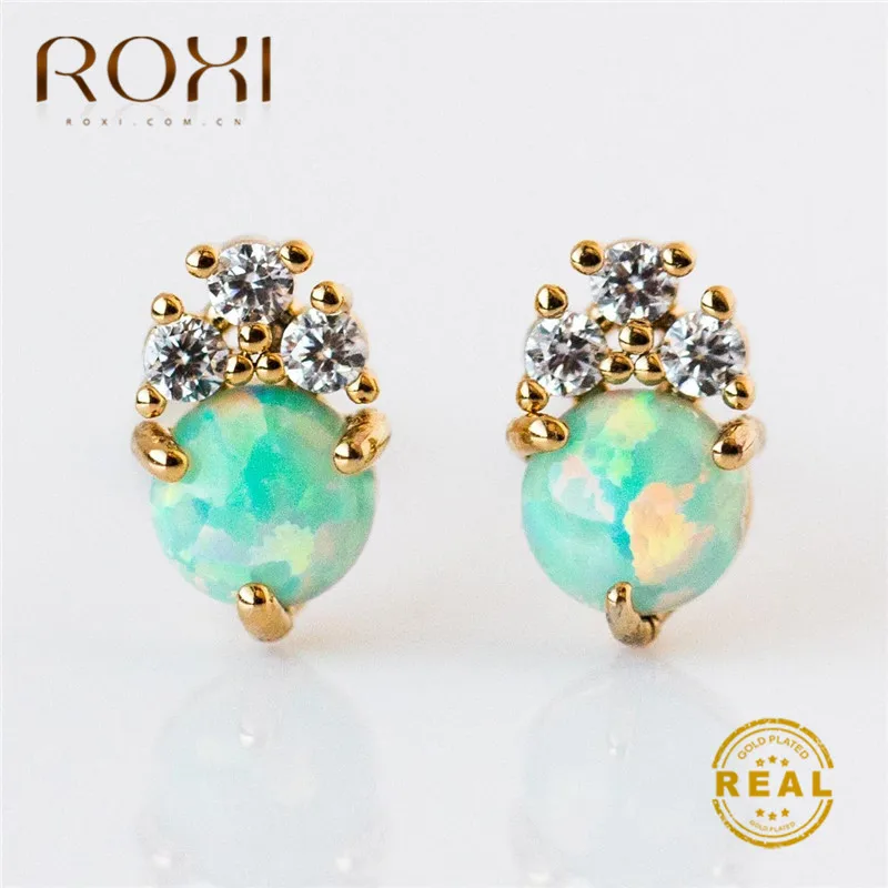 Золотой цвет ROXI Нежный Корона Форма маленькие серьги-гвоздики для женщин Белый огненный опал комплет ювелирного украшения moonrocy Циркон Камень рождения Двойные серьги - Окраска металла: Золотой цвет