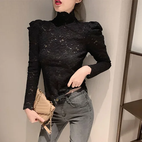 black Neploe, пуловеры с кружевным низом,, осень, зима, тонкие, одноцветные, марлевые Джемперы, корейский, половина, водолазка, длинный рукав, тонкий свитер, 55596 - Цвет: black