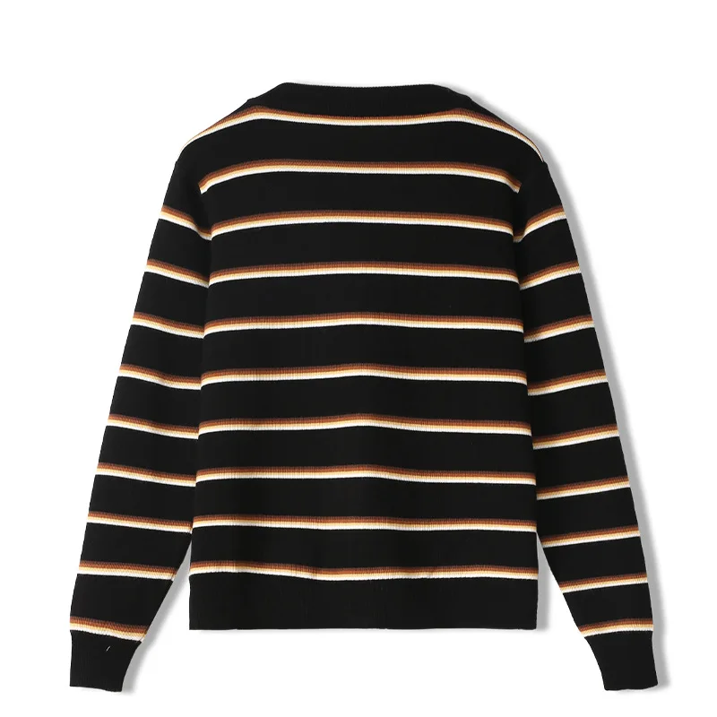 

Bushness Casual Autumn Women Sweater V-Neck Flower Beaded Striped Knitted Cardigan Knitwear Lady Cardigan Heavy Industry Jumper