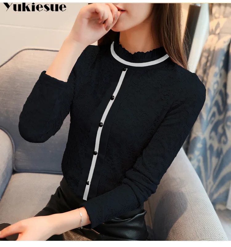 Женская кружевная блузка размера плюс белая с длинным рукавом 2019|Блузки| |