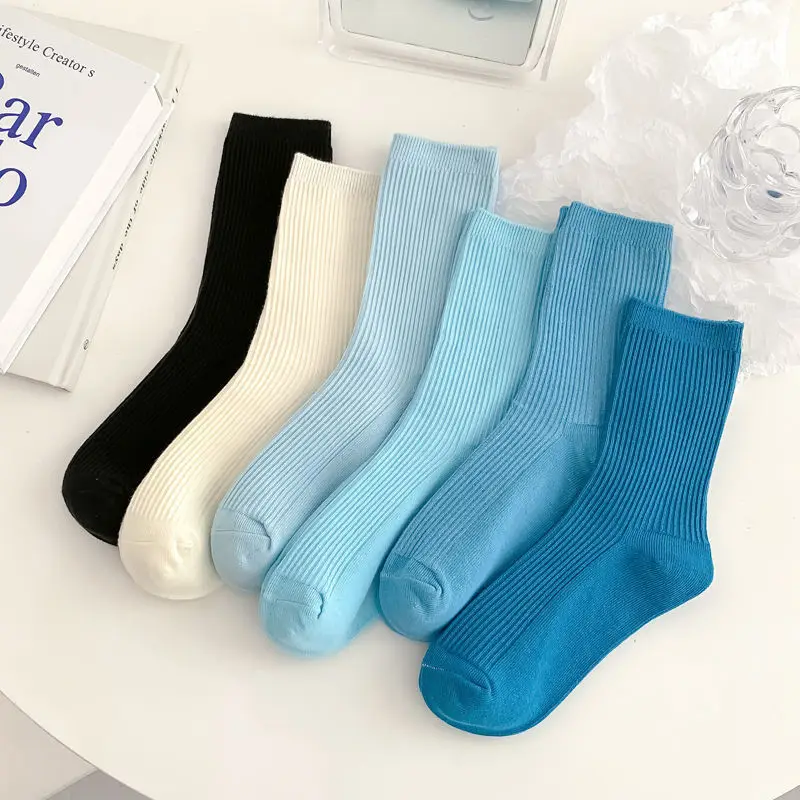 

6 Pairs/Lot 2021 Women's Spring and Autumn Solid Color Socks Planet Earth Socks Woman Cotton Socks Woman Girls Casual Blue