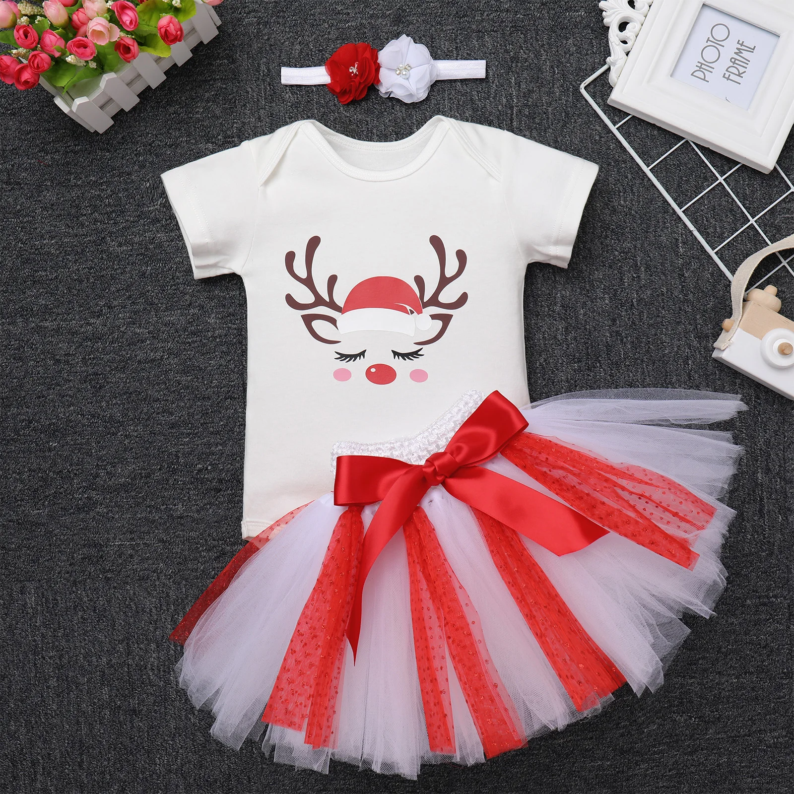 3M-2Y Christmas Clothes For Infant Baby Girl Short Sleeve Jumpsuit Newborn Infantil Tutu Outfit Photography Clothing