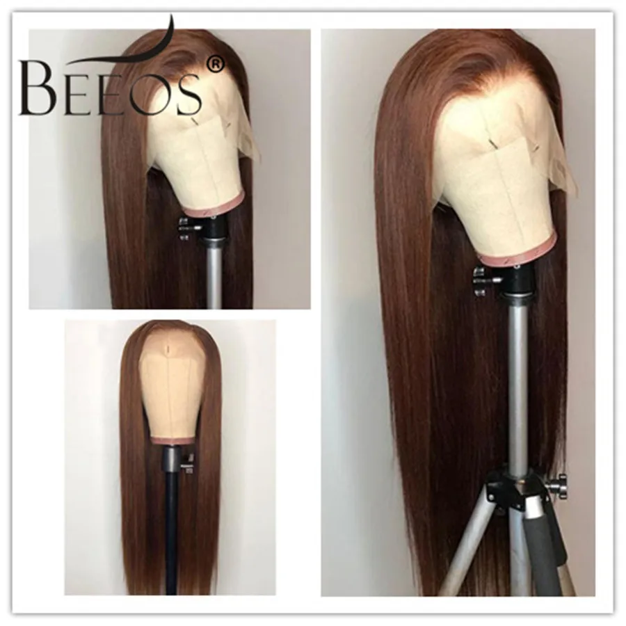 Beeos 13*6 глубокая часть кружева спереди парик прямой коричневый цвет 150% предварительно сорванные отбеленные узлы Кружева парики бразильские волосы remy