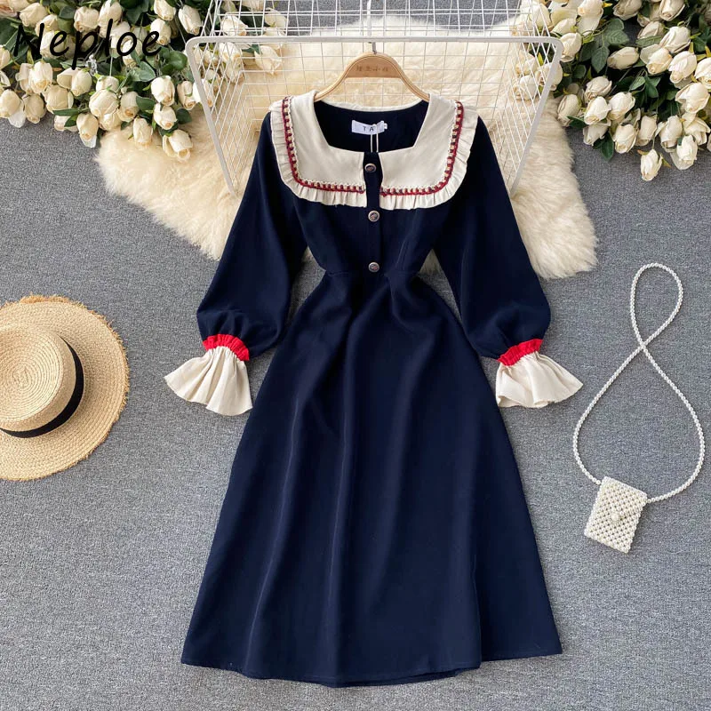 

Retro Hepburn Style Ladies Dress Peter Pan Collar High Waist Fairy Robe Woman Botton Decoration Long Sleeve Vestido Femme