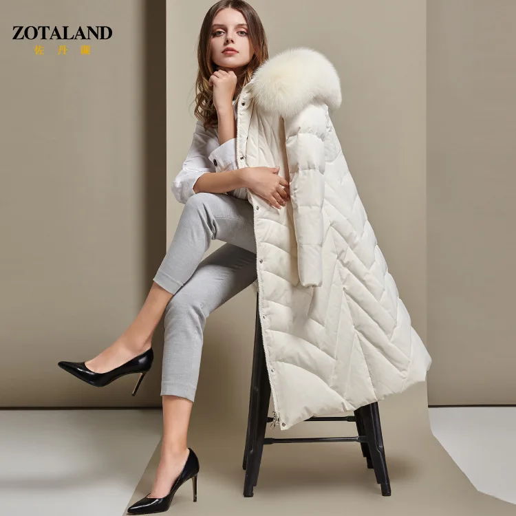 

winter new fox fur collar down jacket with hood slim fit over the knee warm extended down jacket for women wholesale