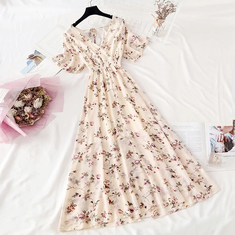 

Женское шифоновое платье с цветочным принтом, длинное пляжное платье в богемном стиле с V-образным вырезом, коротким рукавом, оборками и высокой талией для отпуска, лето 2023