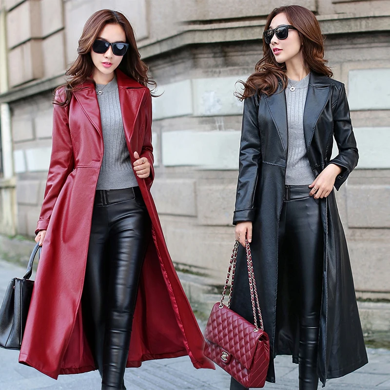 Женская зимняя куртка из искусственной кожи толстая длинная с длинными рукавами