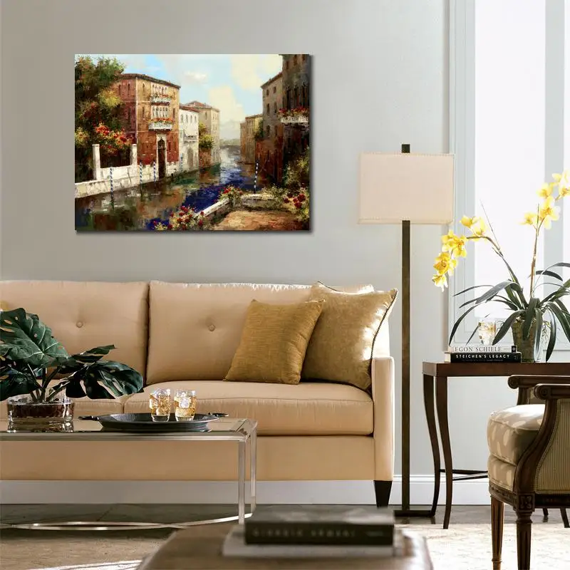 Goedkoop Handgeschilderde Olieverfschilderijen Dorp Landschappen Slaperig Canal Canvas Art Mediterrane Kunstwerk Voor Muur Decor