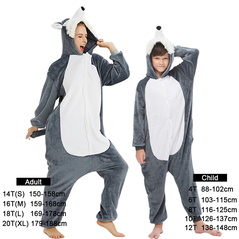 New Kigurumi Wolf Pajamas Adults Animal Panda Unicorn Onesie For Women Kids Pijama Suit Winter Cosplay Costumes Sleepwear