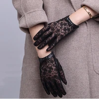 fashion womens sexy black lace patchwork genuine leather gloves female natural leather touch screen motorcycle driving glove