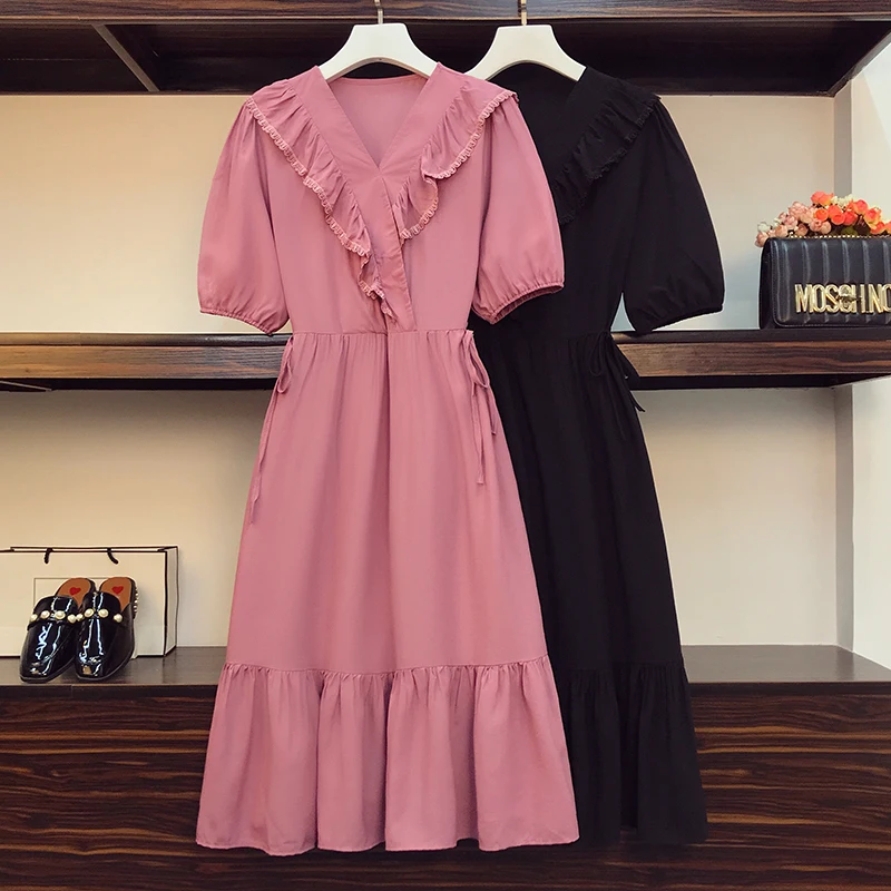 

4XL Plus Size Women Vintage Ruffle Long Dresses Summer 2021 Lace Patchwork V-neck Short Sleeve Loose Casual Ladies Fairy Dress