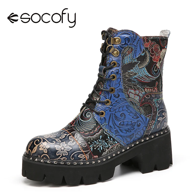 

SOCOFY Retro Style Round Toe Boots Embossing Floral Embroidery Cloth Leather Splicing Short Flat Boots Casual Botas Mujer 2020