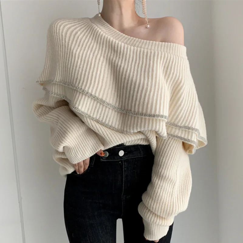 

EasyGarment Korean Chic Style Double-Layer Ruffled Design off-Shoulder Bright Stitching Long-Sleeved Sweater Pullover for Women