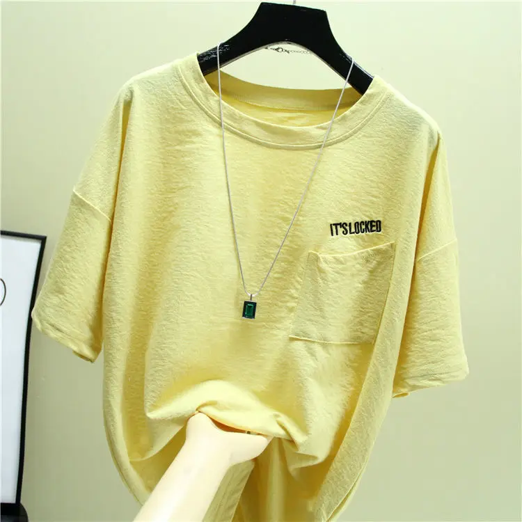 

100% cotton summer new short sleeve T-shirt large women's loose and thin embroidered letter pocket top