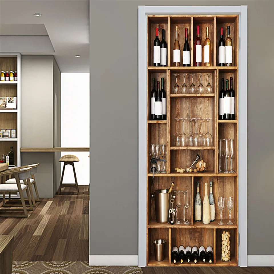 Papel tapiz para puerta de estanter&iacute;a de vino con patr&oacute;n 3D, murales para sala de estar, cocina, Pegatina autoadhesiva para puerta, calcoman&iacute;a de papel tapiz extra&iacute;ble, dise&ntilde;o del hogar-2
