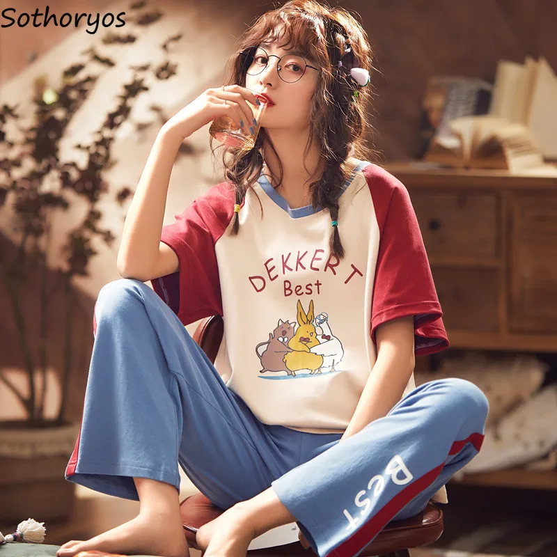 

Pajama Sets Women O-neck Short Sleeve Sleep Tops Full Pants Soft Sleepwear Casual Homewear Korean Fashion Mujer Two Pieces Set