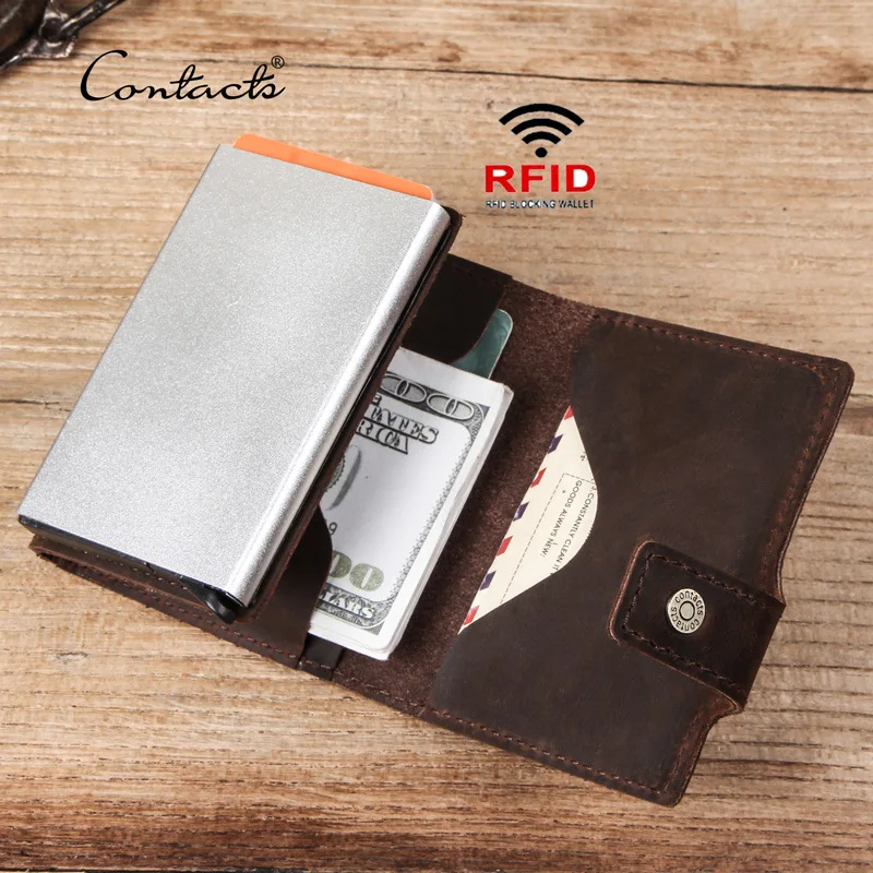 CONTACT' Men Wallet Crazy Horse Leather RFID Credit Card Holder Business Case Aluminium Box Fashion Wallets Male Purse | Багаж и сумки