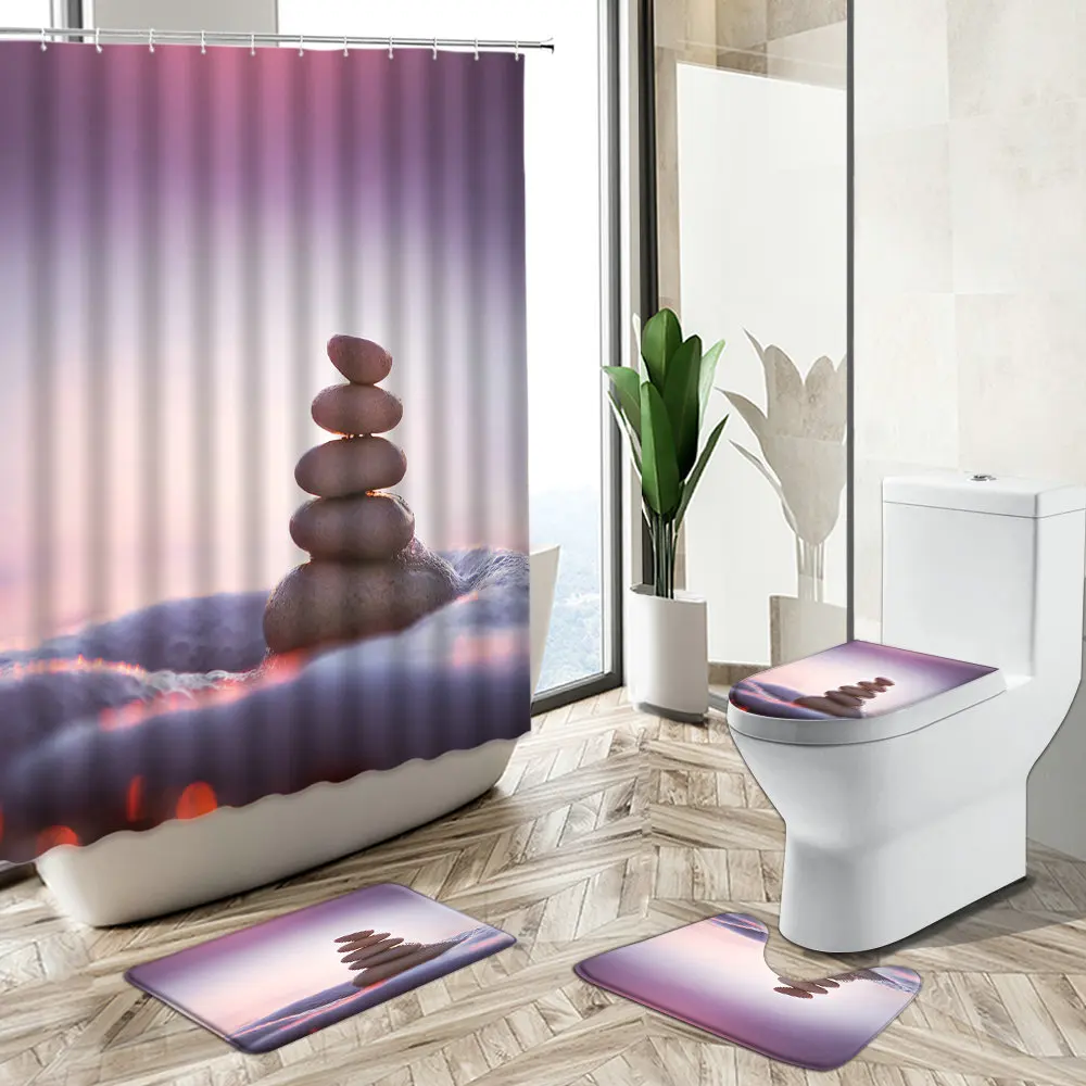 

Stone Ocean Scenery Shower Curtain Beach Natural Landscape Bathroom Decor Non-Slip Carpet Toilet Cover Floor Mat Set Washable