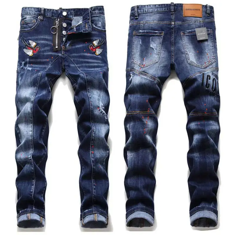

New DSQ2 Mens embroidery Jeans With Ripped Spray Paint Badge Stitching stright Pants streetwear men plus size jeans