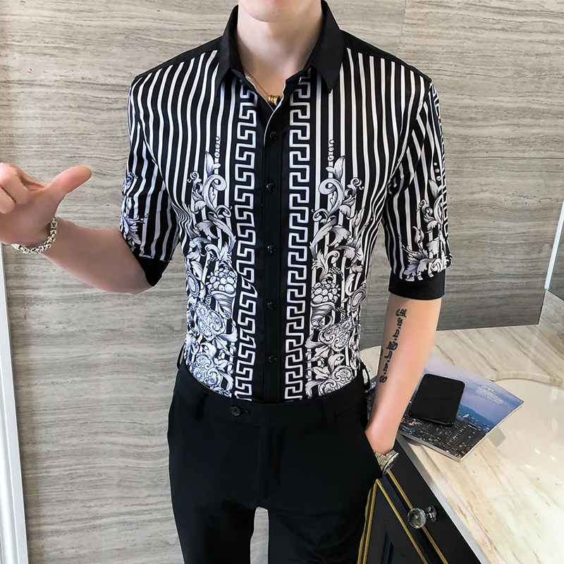 

Loldeal 3/4 Sleeve Shirt Men Slim Comfortable Mixed Cotton Lapel British Social