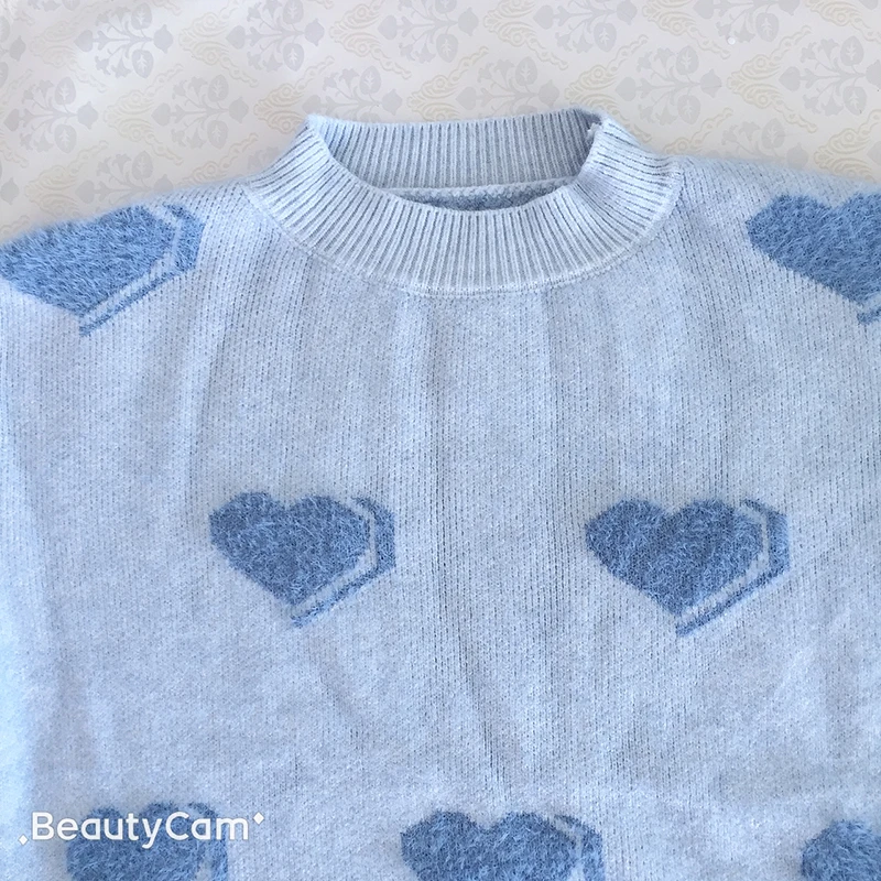 Свитер с сердечками кавайный шерстяной мохеровый бархатный женский пуловер