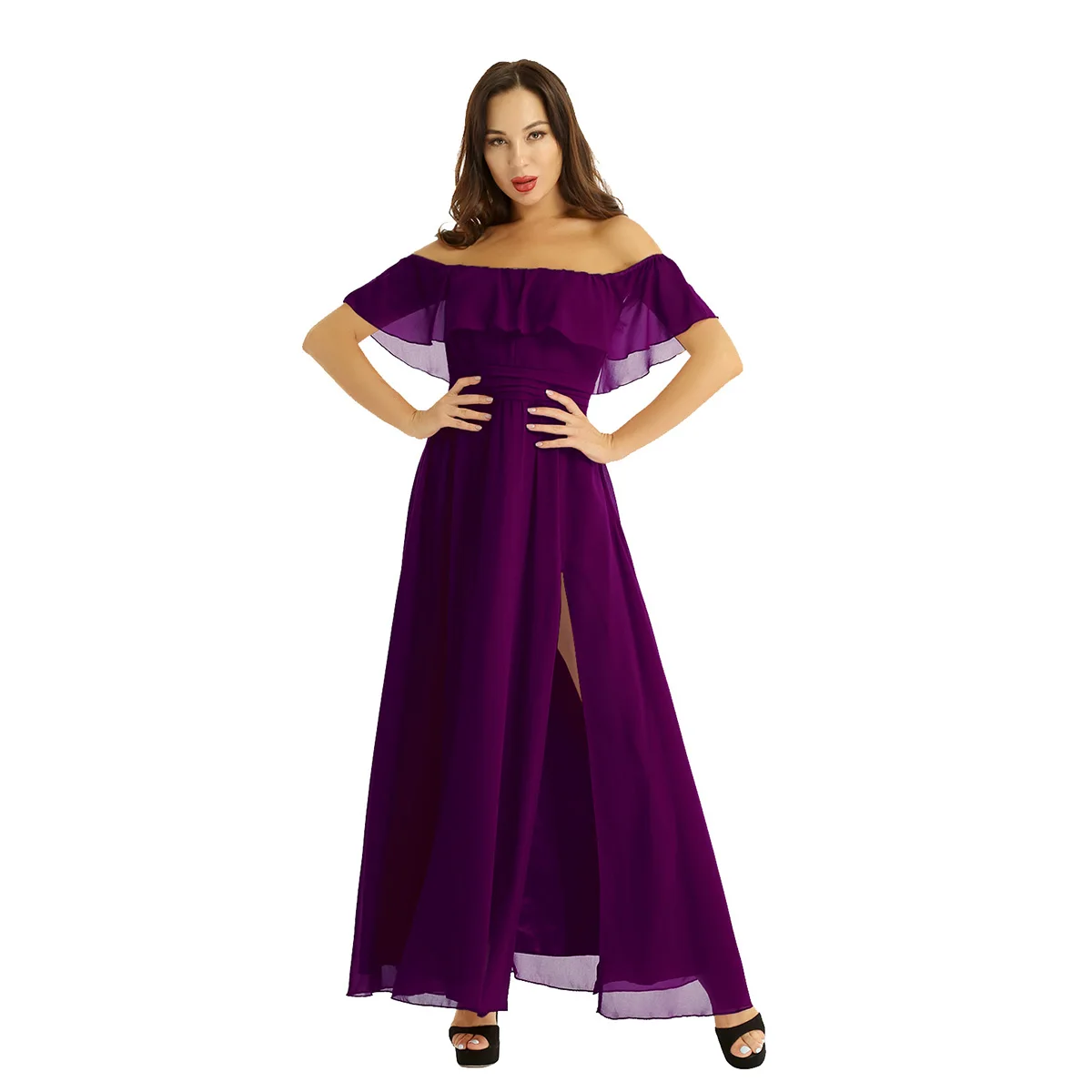 Женское элегантное шифоновое длинное платье с открытыми плечами оборками на