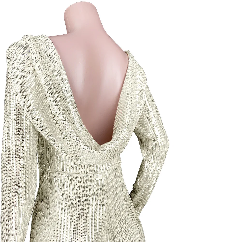 

Nightclub Sexy Backless Sequined Playsuits Striped Beaded Fashion Long Sleeve Autumn Beige Rompers Plus Size Black Jumpsuits