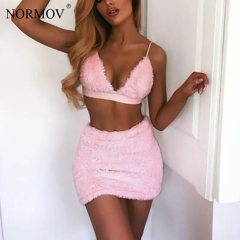 

NORMOV Two Piece Set Women Fluff Sexy Spaghetti Straps Bra Casual Min Skirts Summer Fashion 2 Piece Set Women