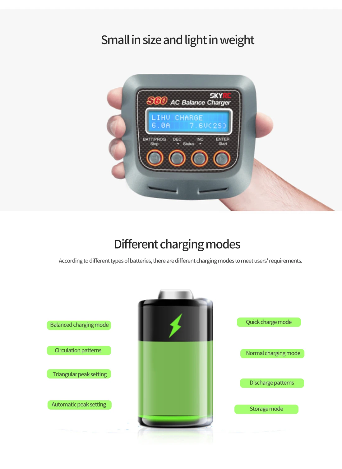 

SKYRC S60 60W 100-240V AC Balance Charger/Discharger for 2-4S Lithium LiPo LiHV LiFe Lilon NiCd NiMh PB RC Drone Car Battery