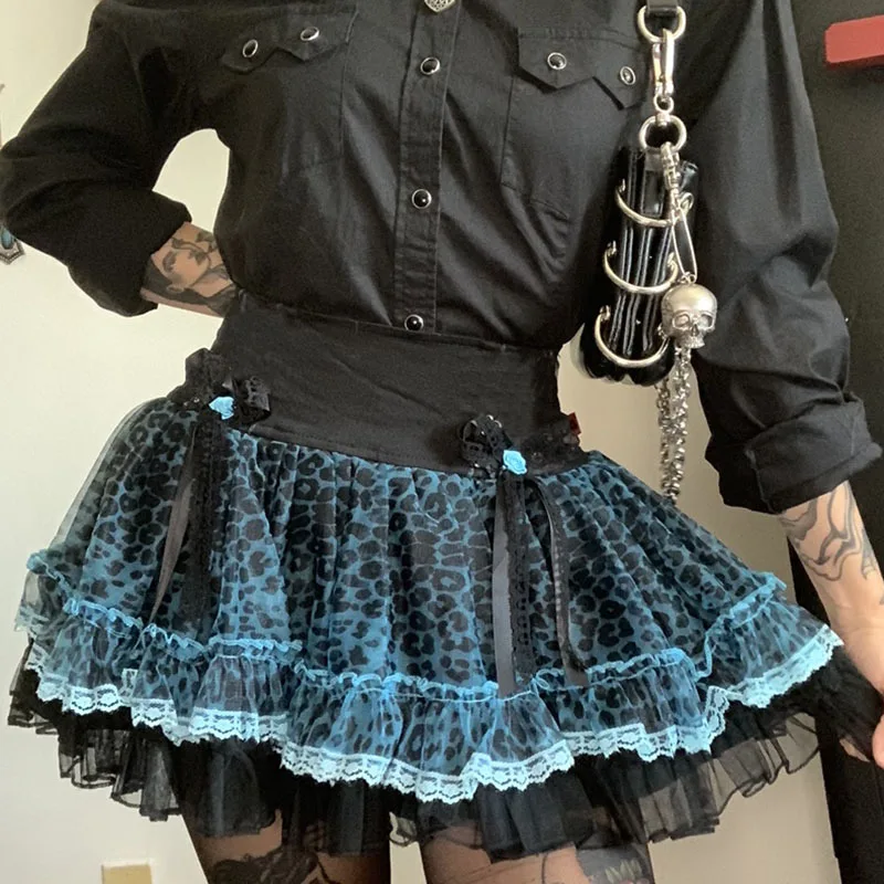 

2021 Retro Vintage Y2K Gothic Leopard Print Mesh Skirt Lace Trim Frill Pleated Skirt Female Harajuku Bow High Waist Skirts Mini