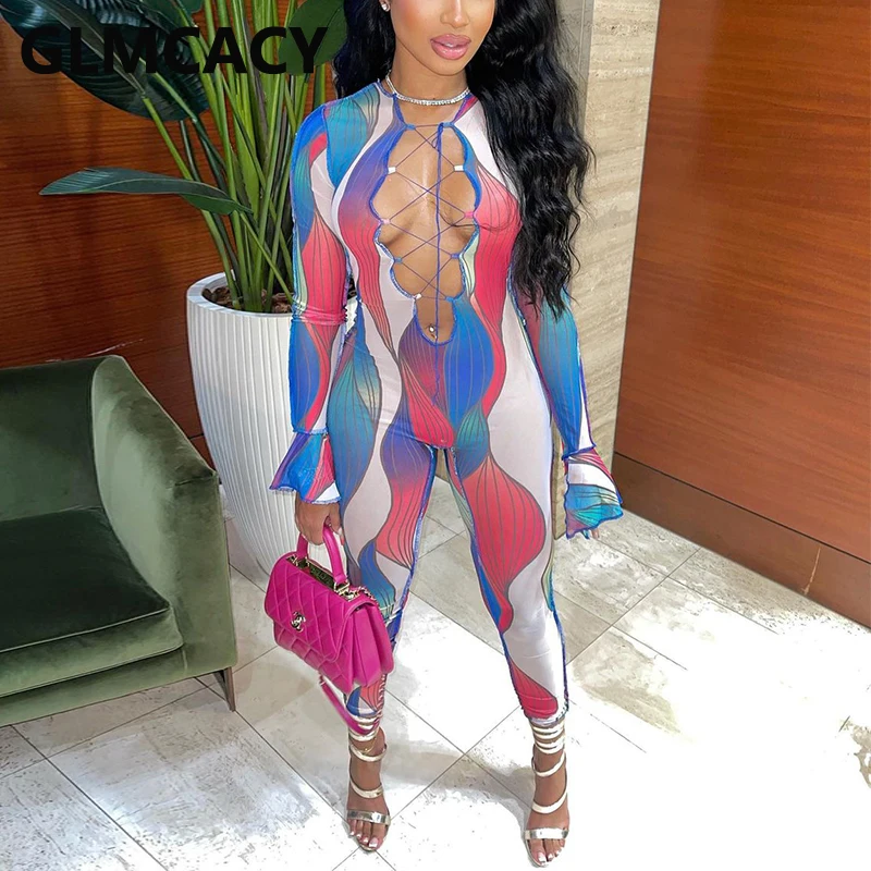 

Женский Облегающий комбинезон с расклешенными рукавами, Соблазнительные вечерние Клубные комбинезоны со шнуровкой спереди