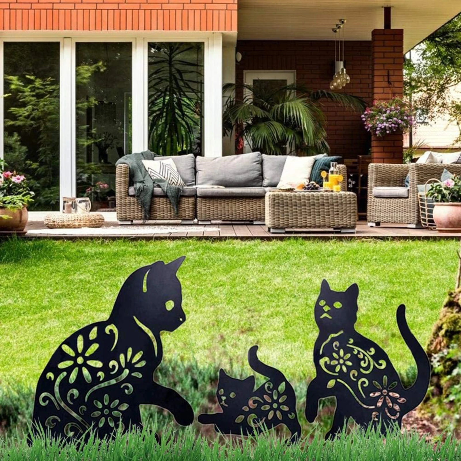 

2D Cat Figure Ground Insert Decor Hollow Lifelike Kitten Metal Statue Peg for Outdoor Garden Manor Lawn Black DTT88