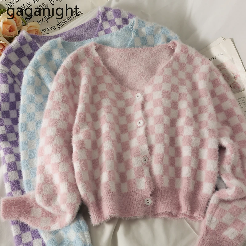 

Gaganight женский Уютный Мягкий клетчатый кардиган Повседневная Свободная милая леди шикарный вязаный кардиган осень зима корейский верхняя о...