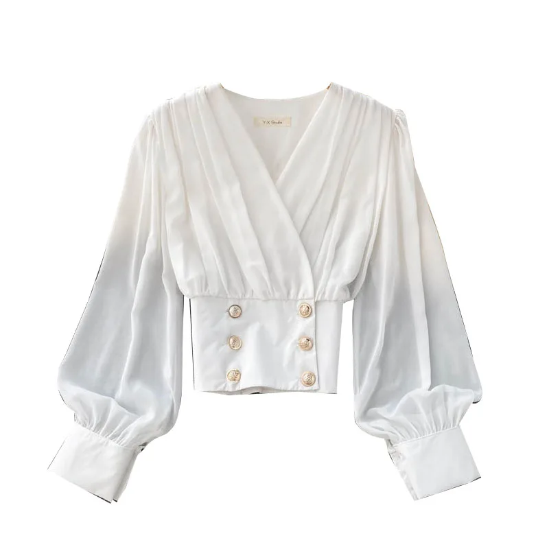

Women White/Black Double Breasted Chiffon Blouse Autumn Sexy V-Neck Lantern Long Sleeve Golden Buttons Shirt Female Blusas 2021