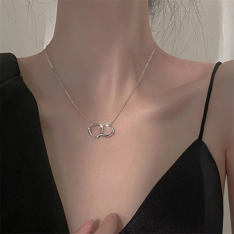 

925 Sterling Silver Circle Charm Necklace For Women Girls Creative Link Chain Pendant Elegant Party Jewelry Choker dz040
