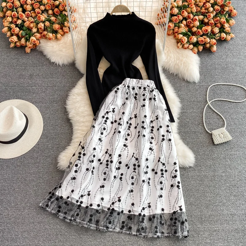 

Autumn Fashion Runway Design Two Piece Set Women Knit Sweater Pullover + High Waist Long Skirts Sets High Street 2 Piece Suits