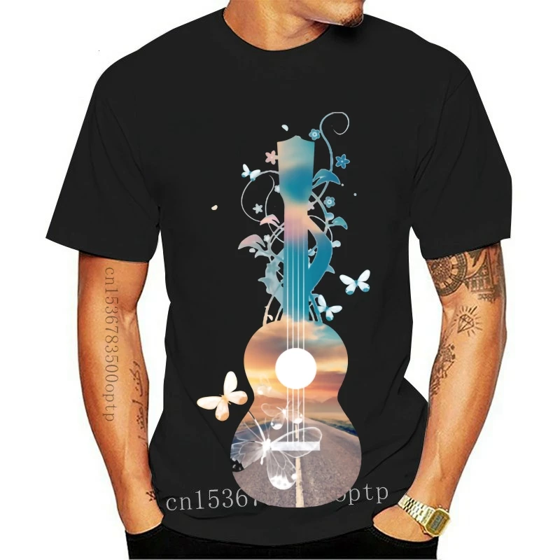 

Music Guitar T Shirt Ukulele Sunset Dream Butterflies Funny Short Sleeve T-Shirt Hipster New Tee Shirts Summer Fall Streetwear