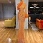 Оранжевое блестящее платье на одно плечо для выпускного вечера с длинными рукавами и блестками, официальная вечерняя одежда, одежда для африканской вечеринки, платья с красной ковровой дорожкой