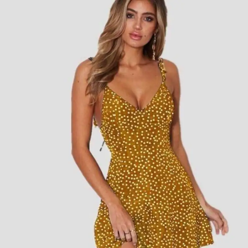 Платье-мини на бретелях-спагетти с V-образным вырезом и высокой талией | Женская