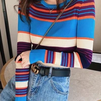 autumn and winter new striped top knitted base coat slim round neck long sleeve sweater